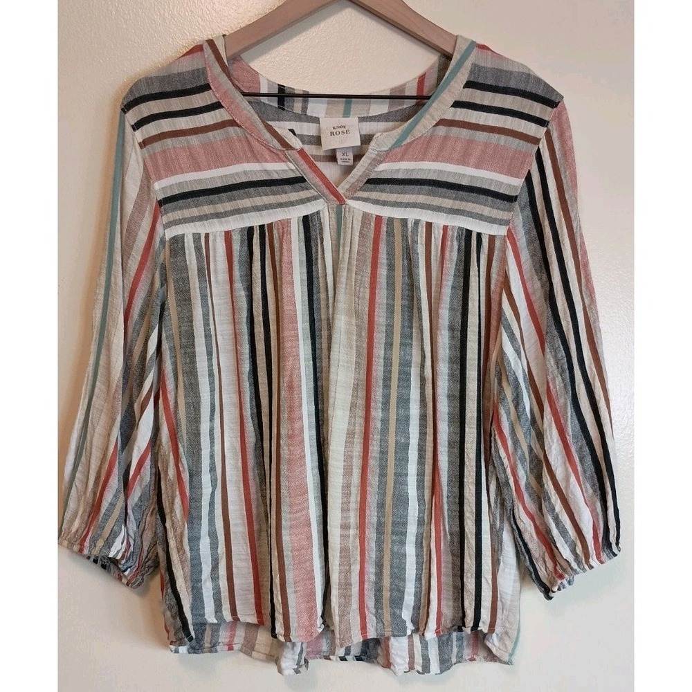 Knox Rose Women's XL Striped Boho Blouse Long Sleeve V Neck Peasant Top